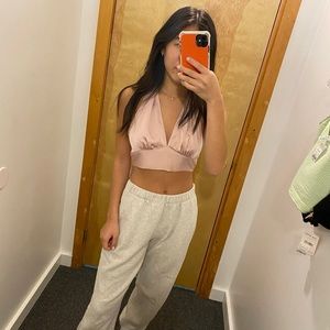 Pink satin backless halter top